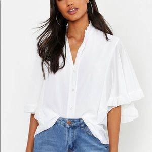 Boohoo White Ruffle Sleeve Button Blouse